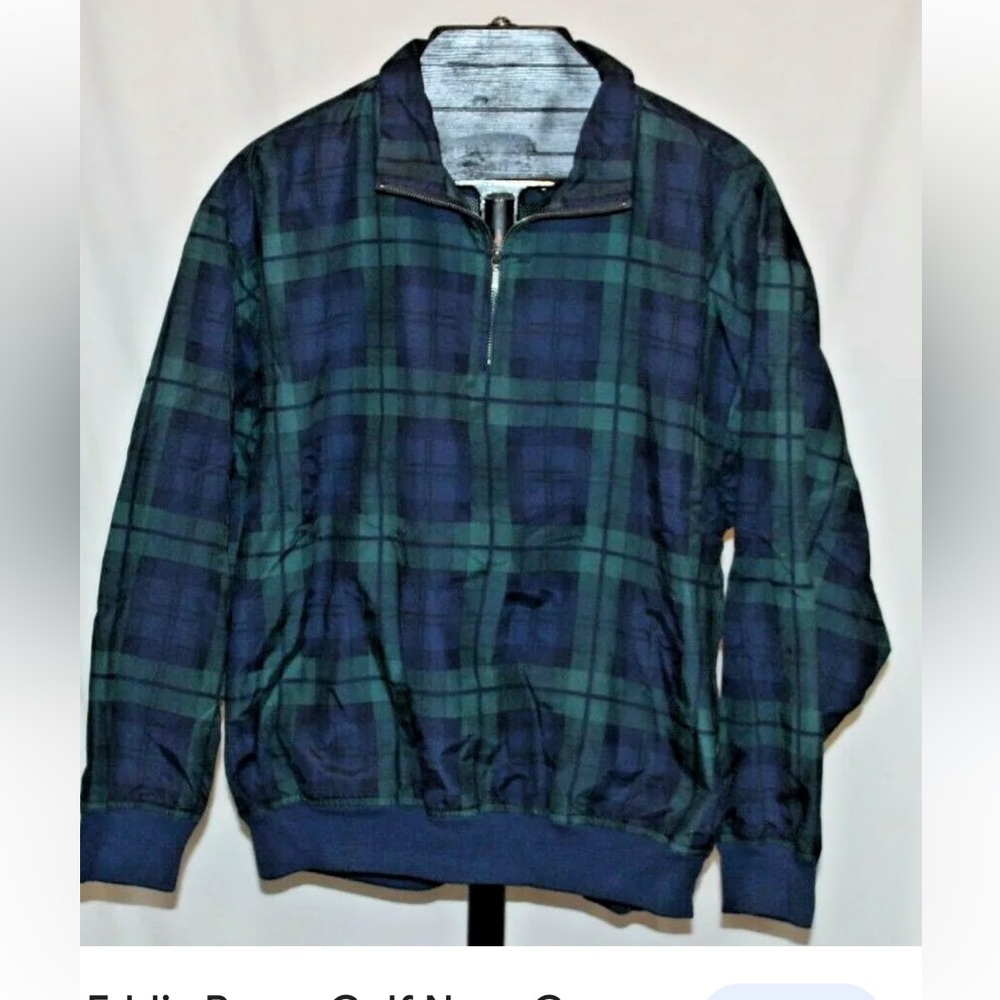 Navy Green Plaid Eddie Bauer GOLF Men's Windbreaker 1/4 Zip Jacket Large